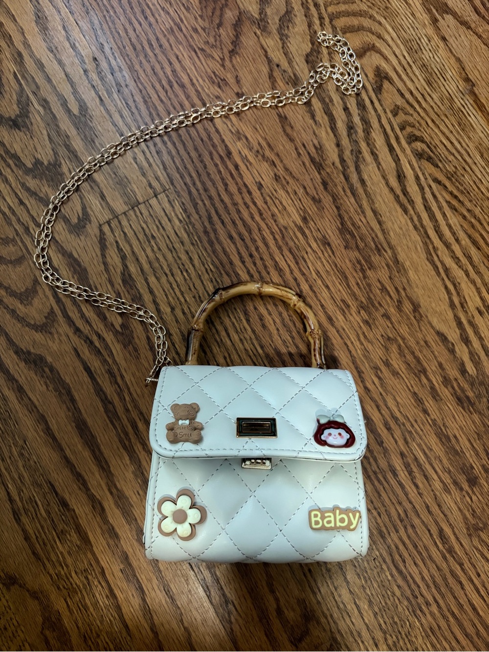 Girl White Quilted Crossbody Mini Bag with Bamboo Handle